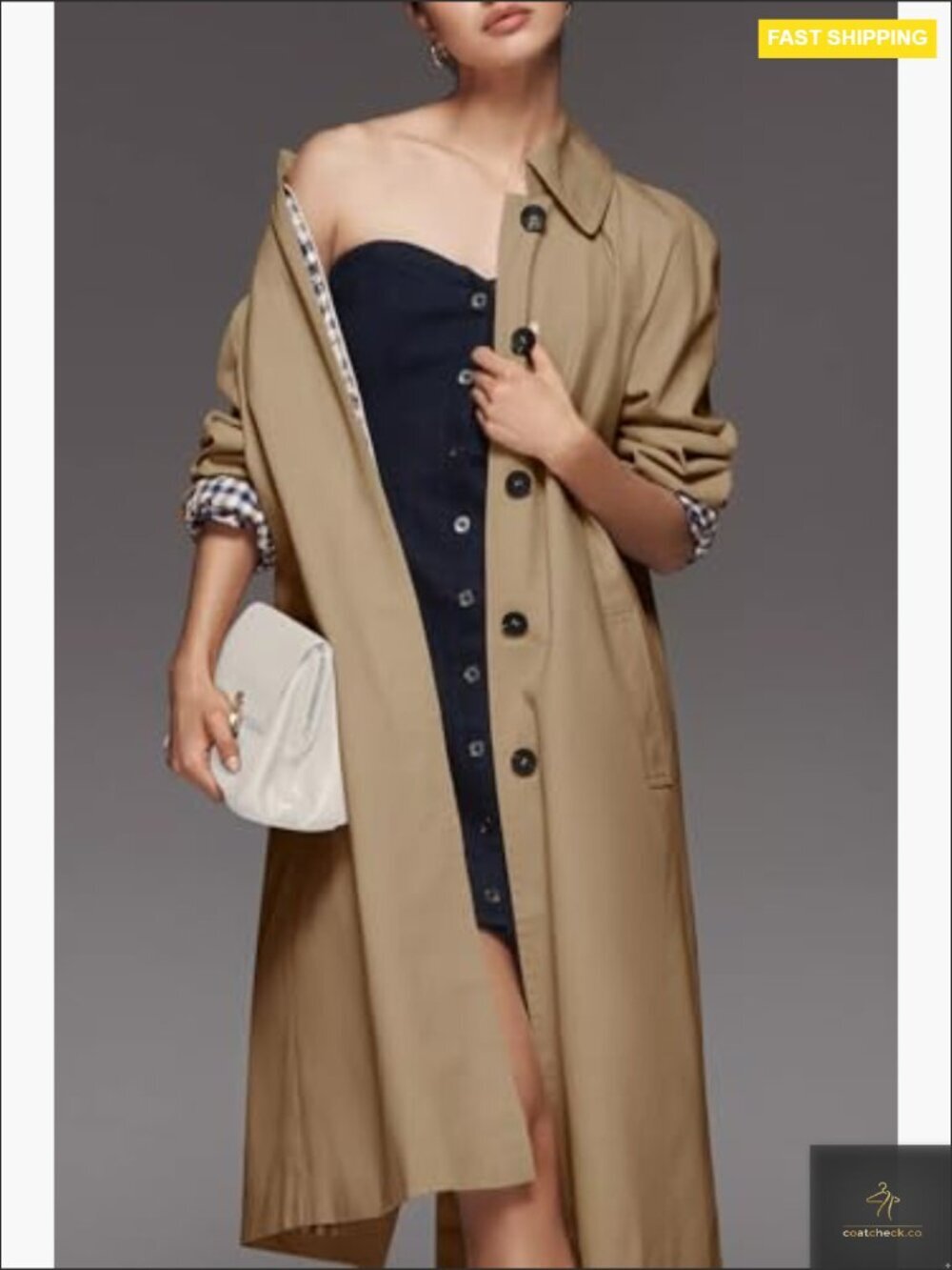 Oversized Trench Coat Classic Lapel Single Breasted Plaid Lined Windproof - Picture 5 of 7